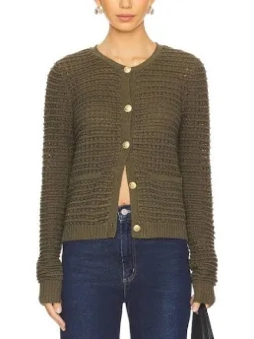 rag & bone Olive Cropped Waffle-Knit Button Cardigan XS - Picture 2 of 7